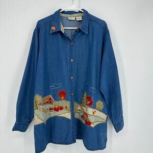 Bobbie Brooks Tunic Blouse Women Plus 22W Denim Jean Shirt Embellished Grandma